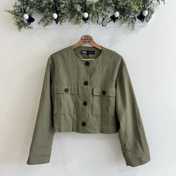 Zara Jackets & Blazers - Zara linen blend cropped jacket in an olive Green Medium 11-3043